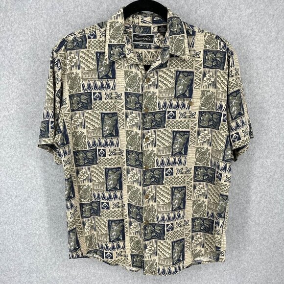 Field & Stream Mens 100% Silk Button Up Hawaiian Tropical Shirt Size L Pineapple - Picture 1 of 10
